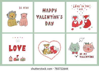 Happy Velentine's Day cartoon vector doodle animal illustrations postcards set