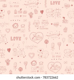 Happy Velentine's Day cartoon vector doodle animal illustrations seamless pattern