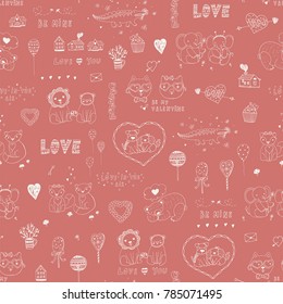 Happy Velentine's Day cartoon vector doodle animal illustrations seamless pattern