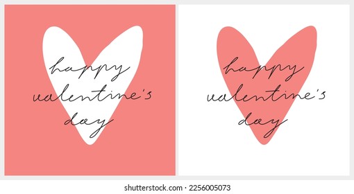 Happy Velentine's Day. Simple Romantic Vector Illustrations with Big Heart and Handwritten Wishes. Hand Drawn Print with Love Symbol isolated on a White and Red Background ideal for Card, Greeting. 
