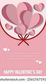 Happy Velentine's Day Templete. Heart shaped paper cutouts and ribbons