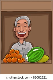 happy vendor smiling with his fresh fruits