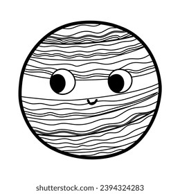 Happy Venus character in black and white for coloring page. Cute smiling Solar System planet outline clipart. Space element. Vector illustration