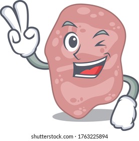 Happy verrucomicrobia cartoon design concept with two fingers