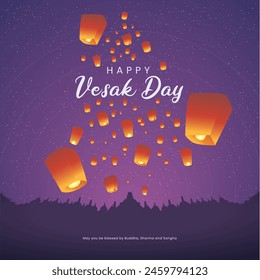 Feliz Vesak. Día de Buda. Templo Borobudur. Linterna Vesak. Waisak es un día sagrado para los budistas. Concepto de diseño de la Ilustración vectorial de diseño budista. Autorización Vesak Lantern. 