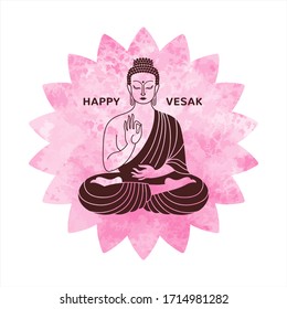 Happy Vesak, Buddha Purnima, Birthday day vector illustration. Round watercolor floral shape and sitting Buddha figure line simple drawing. Greeting card, poster template. Esoteric design element. 