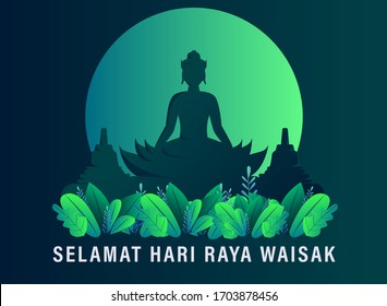 Happy Vesak Budha Purnima Day Background With Budha Statue Silhouette Vector Illustration