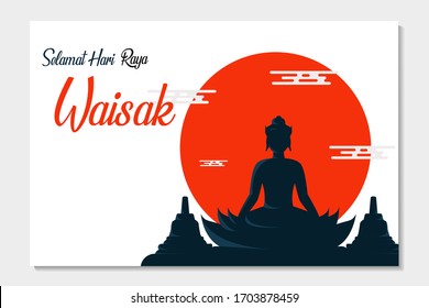 Happy Vesak Budha Purnima Day Background With Budha Statue Silhouette Vector Illustration