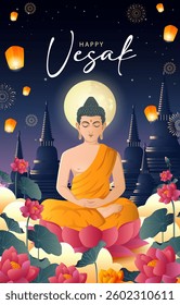 Happy Vesak Celebration with lord budha and temple background. vector illustration
