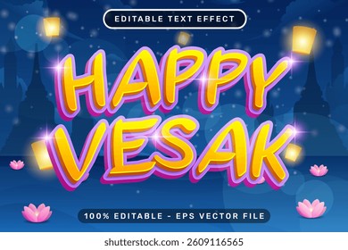 happy vesak day 3d text and editable text effect effect with lotus flower and night sea background