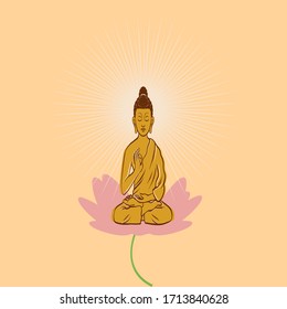 Happy Vesak day banner with Buddha and circle full moon sign and flower  vector illustration