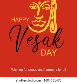 Happy Vesak day banner with hand drawn orange silhouette Buddha head on dark orange background. Buddha birthday greeting card, banner, poster. Buddhism wesak holiday. Vector illustration