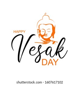 Happy Vesak day banner with hand drawn orange silhouette Buddha head on white background. Buddha birthday greeting card, banner, poster. Buddhism wesak holiday. Vector illustration