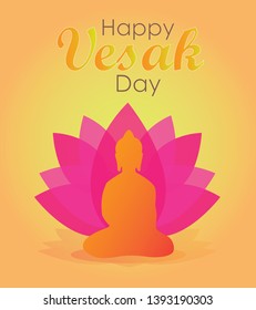 Happy Vesak Day.  Beautiful Happy Vesak Day greetings with buddha and pink lotus flower illustration. Happy Vesak  Greeting Card Background Design.