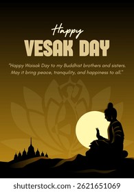 Happy Vesak Day. Black golden vector illustration and greeting text, silhouette design with the concept of celebrating Buddha, Vesak Day, Buddha's birthday