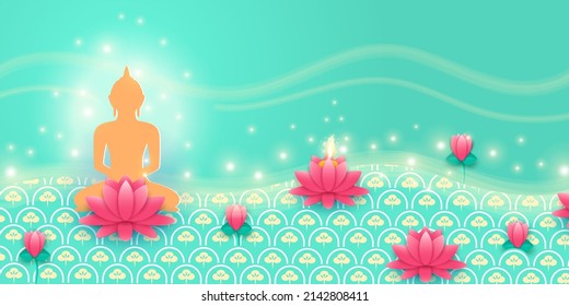 Happy Vesak Day, Buddha Day. Banner with Buddha silhouette, lotus, lights and patterns. Vector illustration