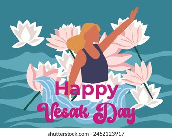 Happy Vesak Day, Buddha Day. Banner with Buddha silhouette, lotus, lights and patterns. indian jayanti religion color male pray
