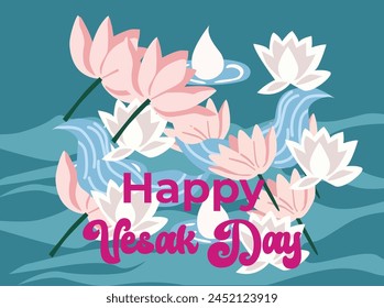 Happy Vesak Day, Buddha Day. Banner with Buddha silhouette, lotus, lights and patterns. indian jayanti design day
