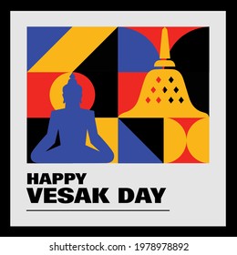 Happy vesak day, buddha day greeting card. Geometric bauhaus Background