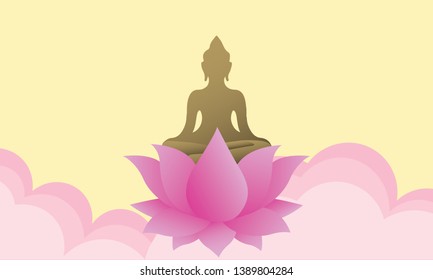 Happy Vesak day with Buddha lotus flower sign and Radius of light on yellow brown background art vector design - Vector