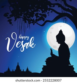 Happy Vesak Day, Buddha in Meditation sitzt auf einem Felsen unter Bodhi Baum bei Nacht, Buddha Purnima kreatives Konzept Social Media Poster, Grußkartendesign Vorlage