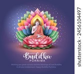 Happy Vesak Day, Buddha Purnima wishes greetings with buddha and lotus illustration. Can be used for poster, banner, logo, background, greetings, print design. abstract vector illustration design.