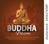 Happy Vesak Day, Buddha Purnima wishes greetings with buddha and lotus illustration. Can be used for poster, banner, logo, background, greetings, print design. abstract illustration design.