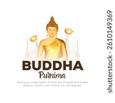 Happy Vesak Day, Buddha Purnima wishes greetings with buddha and lotus illustration. Can be used for poster, banner, logo, background, greetings, print design. abstract illustration 