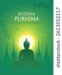 Happy Vesak Day, Buddha Purnima wishes greetings with buddha sillhouette illustration under the bodhi tree. poster, banner, logo, background, greetings, print design. abstract illustration design.