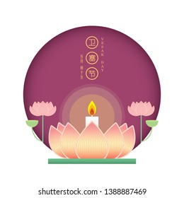 Happy vesak day or buddha purnima greeting card. Lotus lamp in flat vector illustration. (caption: vesak day)