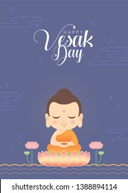 Happy vesak day or buddha purnima. Cute cartoon Lord Buddha meditating on lotus in flat vector illustration. 