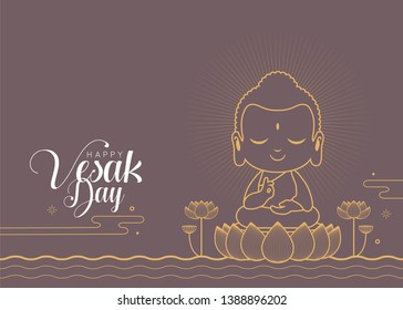 Happy vesak day or buddha purnima. Cute cartoon Lord Buddha meditating on lotus in line art style. 