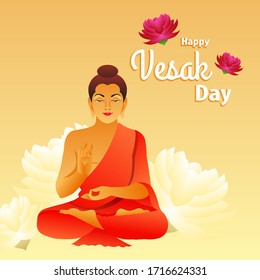 Happy Vesak Day or Buddha Purnima greeting with typography. Peaceful illustration with lotus flower. Beautiful festive design for website and social media post.