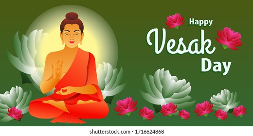 Happy Vesak Day or Buddha Purnima greeting with typography. Peaceful illustration with lotus flower. Beautiful festive design for website and social media post.