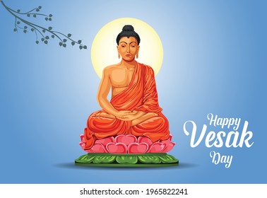 Happy Vesak Day, Buddha Purnima wishes greetings with buddha and lotus illustration. Can be used for poster, banner, logo, background, greetings, print design, festive elements. vector illustration.	
