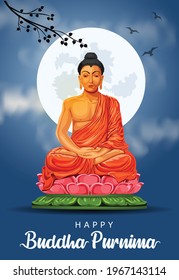 Happy Vesak Day, Buddha Purnima wishes greetings with buddha and lotus illustration. Can be used for poster, banner, logo, background, greetings, print design, festive elements. vector illustration.	
