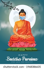 Happy Vesak Day, Buddha Purnima wishes greetings with buddha wearing surgical mask. coronavirus or covid-19 concept Can be used for poster, banner, logo, background, greetings. vector illustration