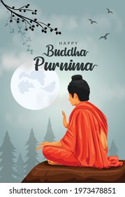 Happy Vesak Day, Buddha Purnima wishes greetings with buddha and lotus illustration. Can be used for poster, banner, logo, background, greetings, print design, festive elements. vector illustration.