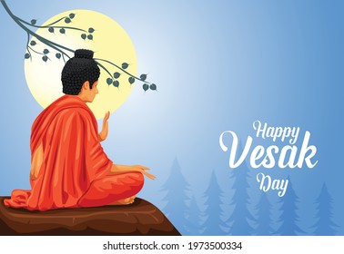 Happy Vesak Day, Buddha Purnima wishes greetings with buddha. Can be used for poster, banner, logo, background, greetings, print design, festive elements. vector illustration.