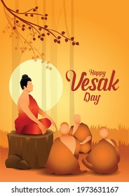 Happy Vesak Day, Buddha Purnima wishes greetings buddha with nature. Can be used for poster, banner, logo, background, greetings, print design, festive elements. vector illustration.