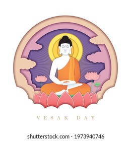 Happy vesak day or buddha purnima paper art. Lord Buddha meditating on lotus in flat design. 3D paper cut greeting card. Vector illustration.