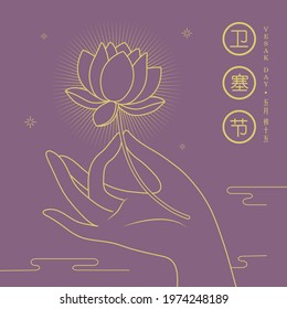 Happy Vesak Day or Buddha Purnima. Hand of buddha holding lotus flower in line art style. (translation: Wesak day)