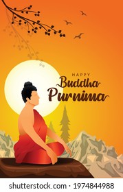 Happy Vesak Day, Buddha Purnima wishes greetings buddha with nature. Can be used for poster, banner, logo, background, greetings, print design, festive elements. vector illustration.