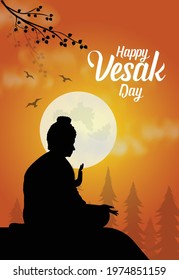 Happy Vesak Day, Buddha Purnima wishes greetings with buddha and lotus illustration. Can be used for poster, banner, logo, background, greetings, print design, festive elements. vector illustration.