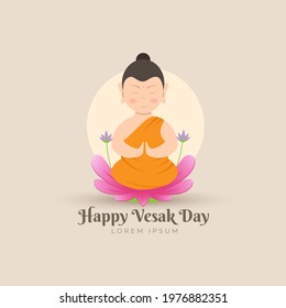 Happy Vesak day or buddha purnima. Lord Buddha meditating on lotus in flat vector illustration.