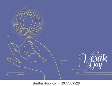 Happy Vesak Day or Buddha Purnima greeting template or copy space. Hand of buddha holding lotus flower in line art style. Flat design. Vector illustration.