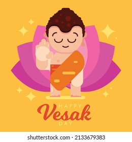 Happy vesak day, buddha purnima, may Cute cartoon Lord Buddha meditating lotus illustration poster banner vector design picture