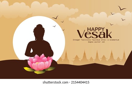 Happy vesak day or buddha purnima Buddha sitting under bodhi tree on sunset background-Magha Puja