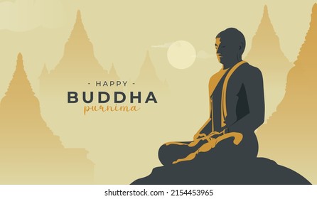 Happy Vesak Day, Buddha Purnima wishes greetings with a buddha vector illustration. Can be used for posters, banners, greetings, and print design.