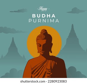 Feliz Día de Vesak, Buda Purnima desea saludos con una mínima ilustración vectorial de buddha. Se puede usar para afiches, pancartas, saludos y diseño de impresión